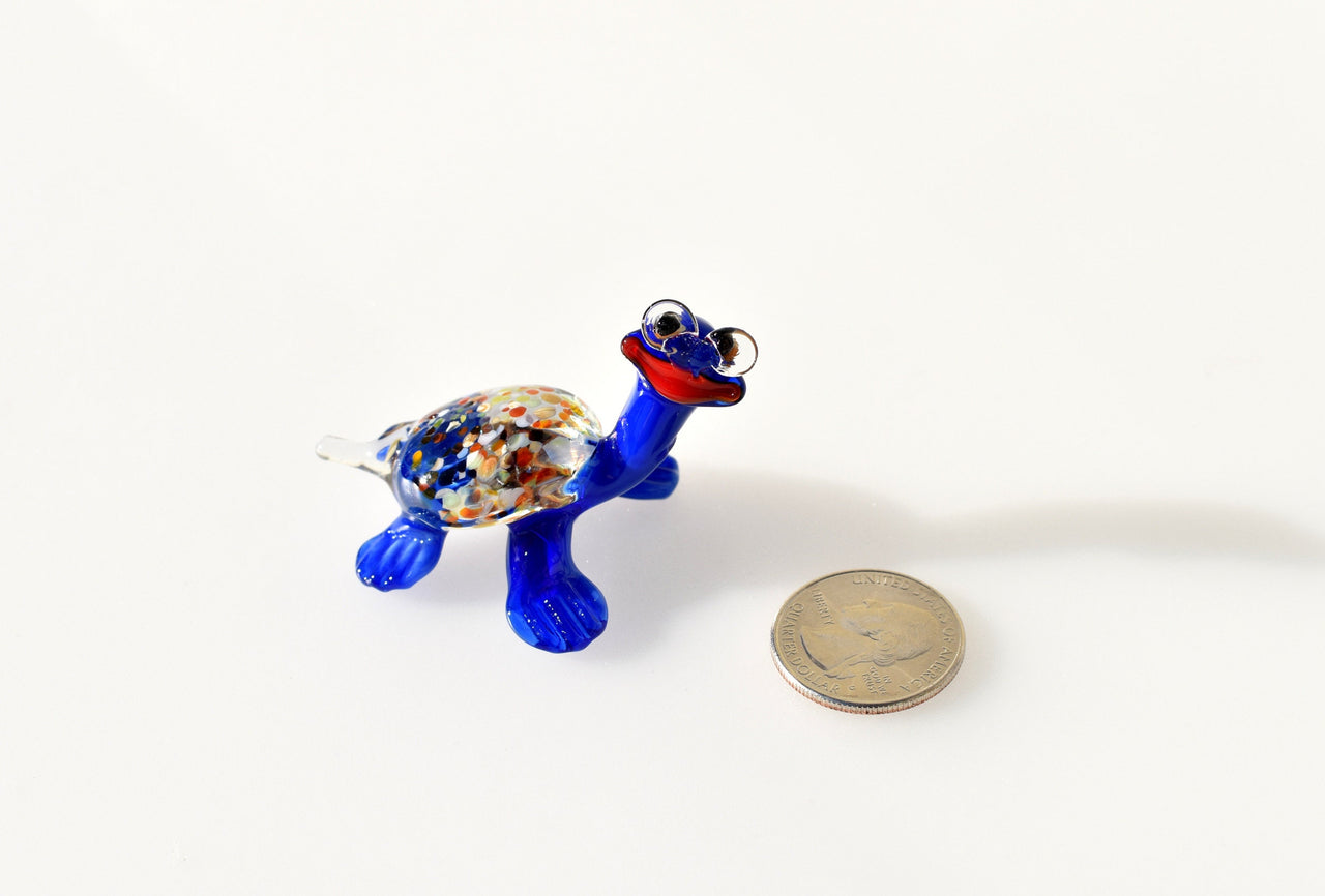 Whimsical Glass Turtle Figurine: Blue Turtle with Glasses, Handmade Sculpture