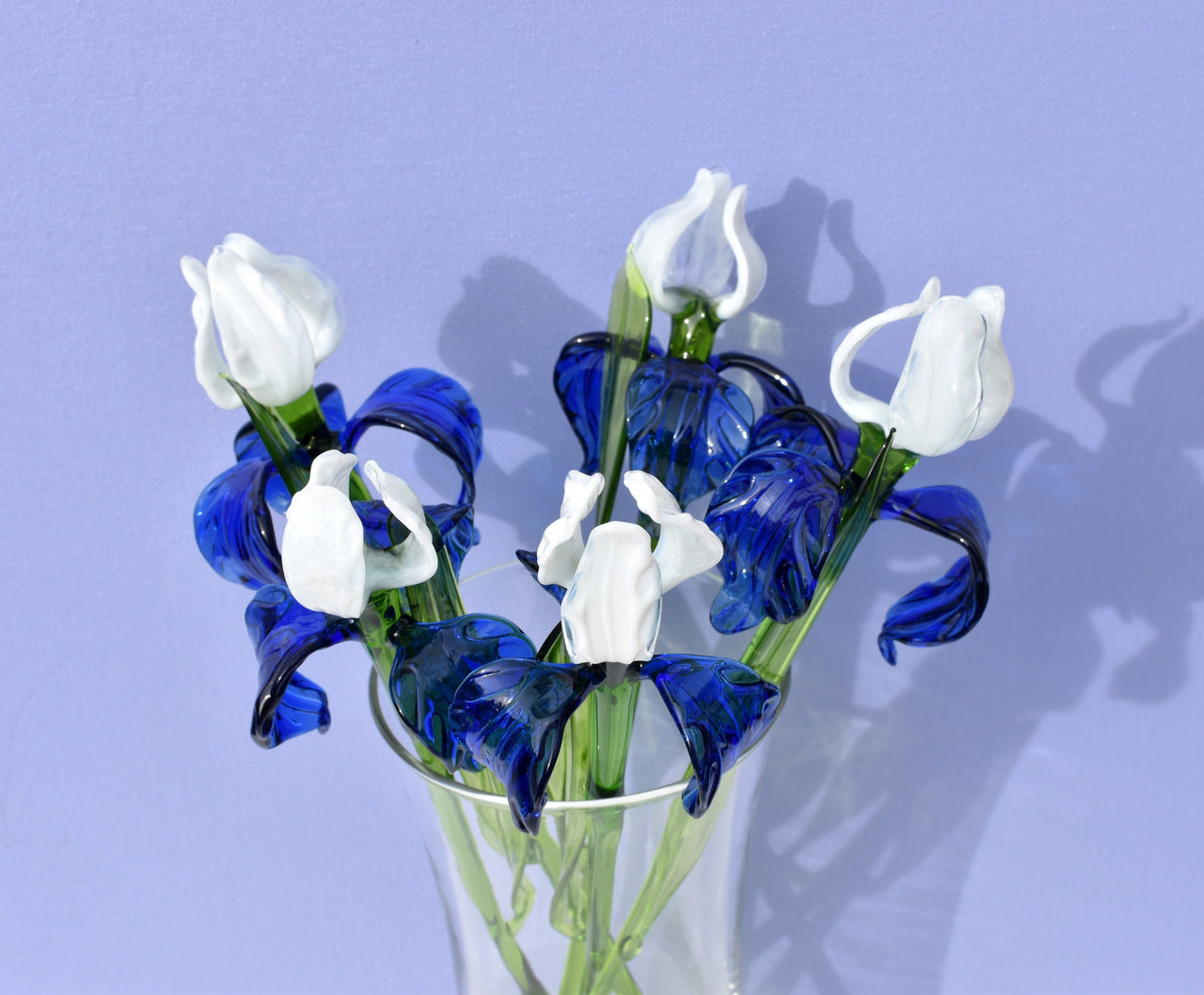 Blue and White Glass Iris – Handblown Long Stem Flower, Elegant Gift for Mother’s Day, Birthday, or Timeless Home Décor
