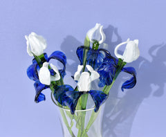 Blue and White Glass Iris – Handblown Long Stem Flower, Elegant Gift for Mother’s Day, Birthday, or Timeless Home Décor