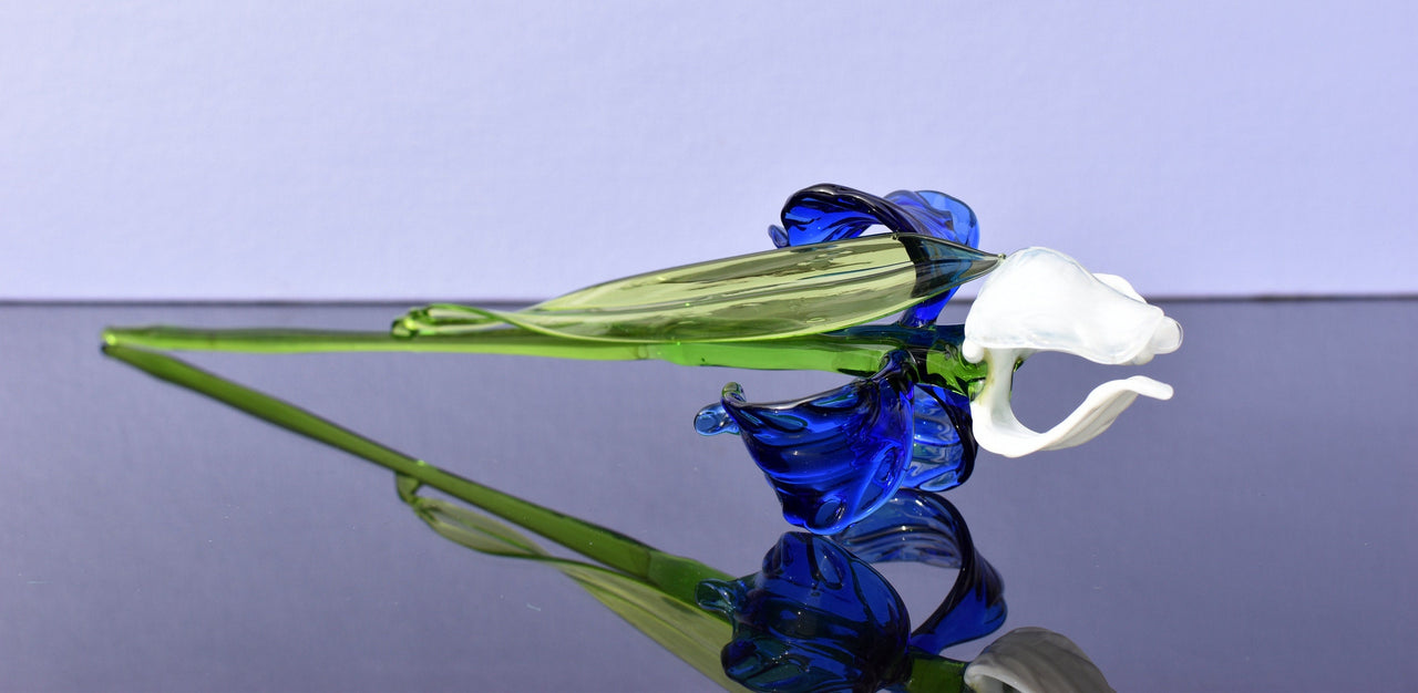 Blue and White Glass Iris – Handblown Long Stem Flower, Elegant Gift for Mother’s Day, Birthday, or Timeless Home Décor