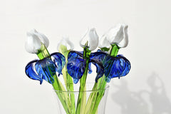 Blue and White Glass Iris – Handblown Long Stem Flower, Elegant Gift for Mother’s Day, Birthday, or Timeless Home Décor