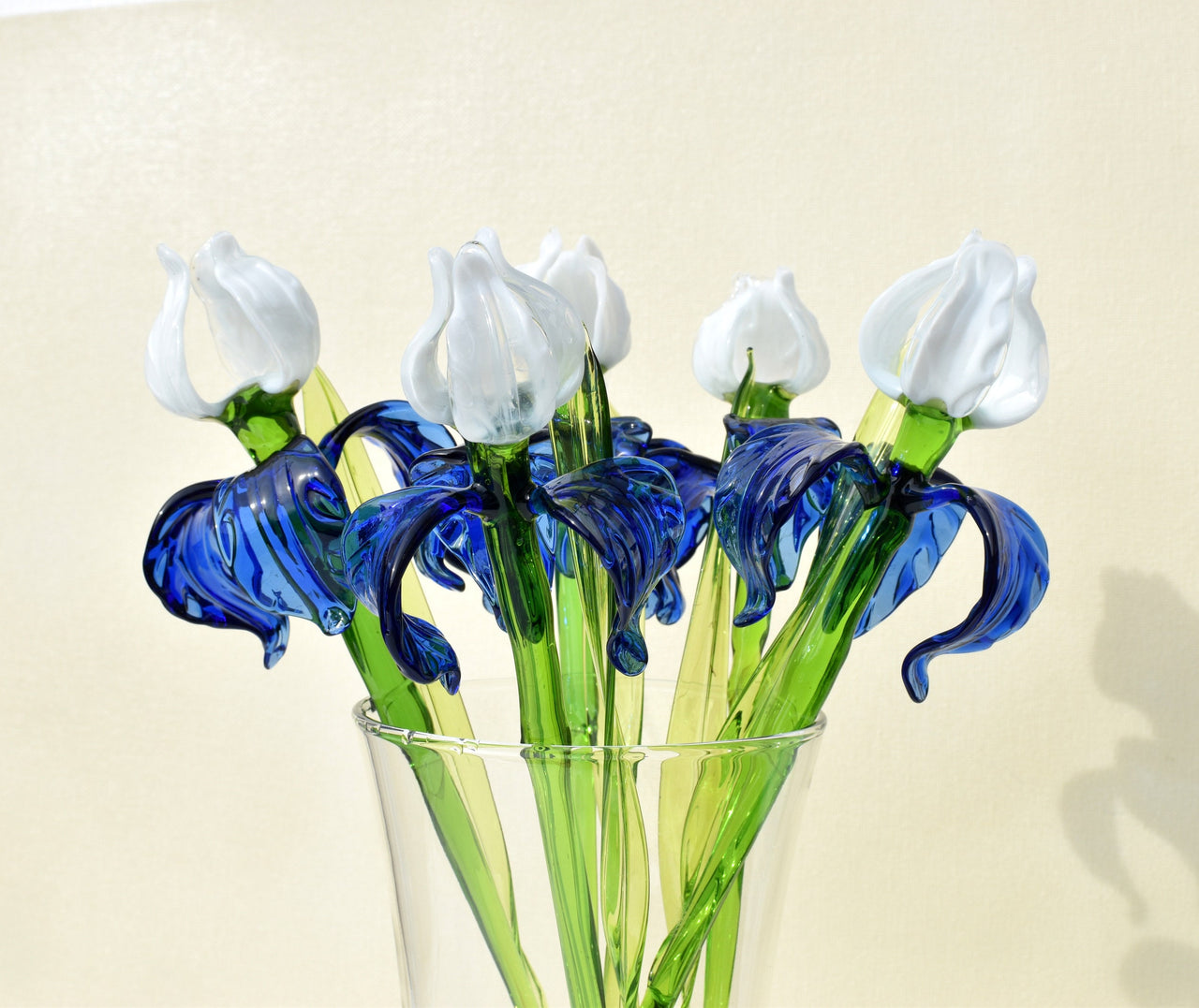 Blue and White Glass Iris – Handblown Long Stem Flower, Elegant Gift for Mother’s Day, Birthday, or Timeless Home Décor