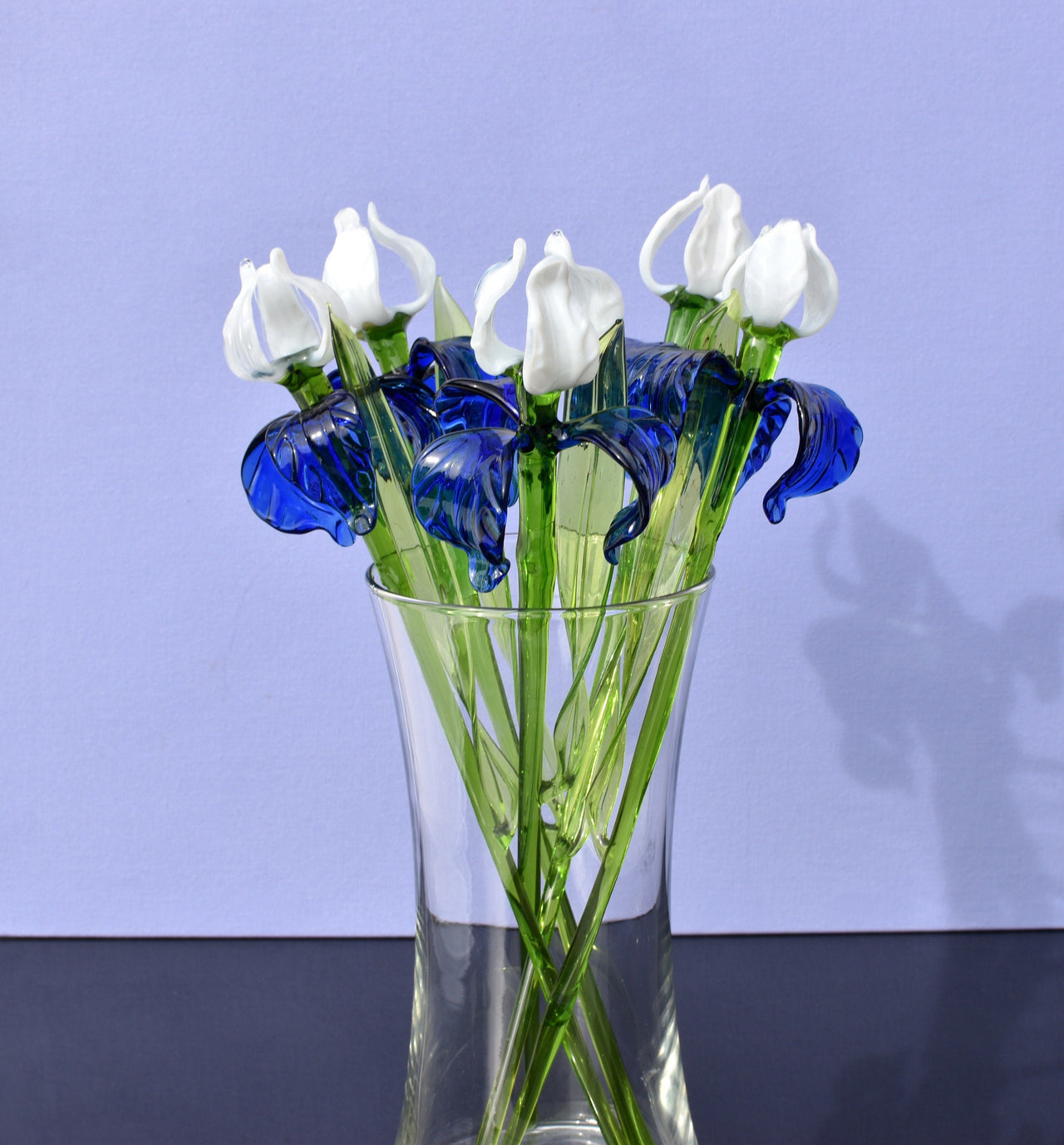 Blue and White Glass Iris – Handblown Long Stem Flower, Elegant Gift for Mother’s Day, Birthday, or Timeless Home Décor