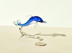 Blue Glass Dolphin Figurine: Hand-Blown Whimsical Sculpture