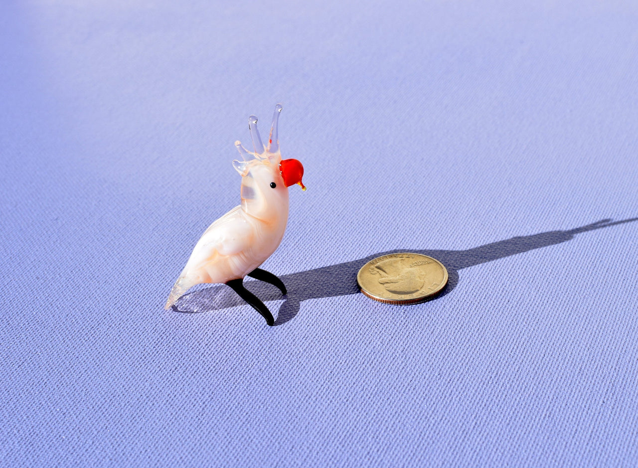 Cockatoo Figurine, Tiny Glass Animals, Mini Cockatoo Glass Bird, Gift for Bird Lovers, Glass Parrot Miniature, Hand Blown Glass Animal