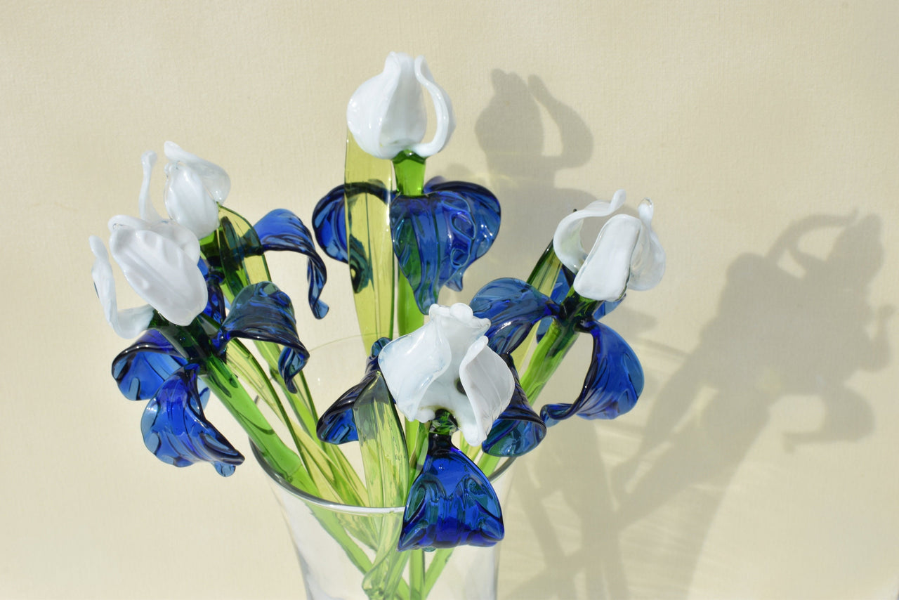 Blue and White Glass Iris – Handblown Long Stem Flower, Elegant Gift for Mother’s Day, Birthday, or Timeless Home Décor