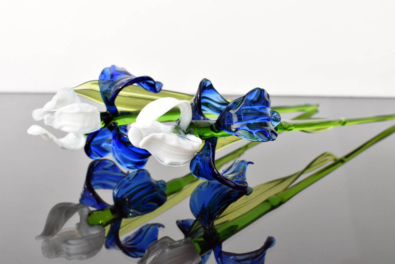 Blue and White Glass Iris – Handblown Long Stem Flower, Elegant Gift for Mother’s Day, Birthday, or Timeless Home Décor
