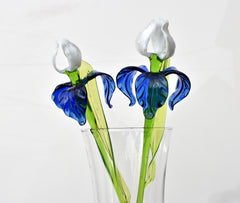 Blue and White Glass Iris – Handblown Long Stem Flower, Elegant Gift for Mother’s Day, Birthday, or Timeless Home Décor