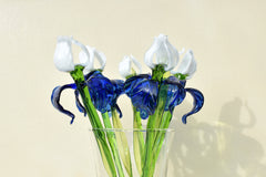 Blue and White Glass Iris – Handblown Long Stem Flower, Elegant Gift for Mother’s Day, Birthday, or Timeless Home Décor
