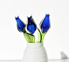Cobalt Blue Glass Tulip: Handmade Flame-Worked Sculpture, Weatherproof Art