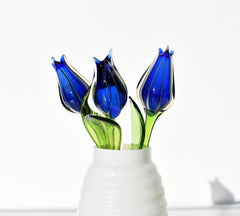Glass Tulip Flowers, Glass Birth Month Flower - Cobalt Blue Glass Flowers Bouquet - Tulip Glass Flowers with Stems, Mothers Gift for Her