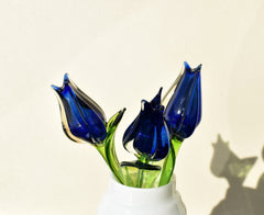 Glass Tulip Flowers, Glass Birth Month Flower - Cobalt Blue Glass Flowers Bouquet - Tulip Glass Flowers with Stems, Mothers Gift for Her