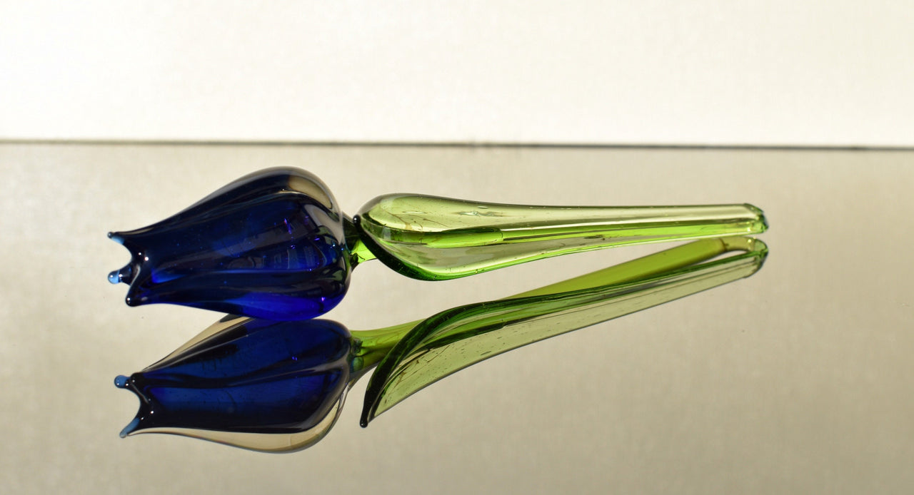 Cobalt Blue Glass Tulip: Handmade Flame-Worked Sculpture, Weatherproof Art