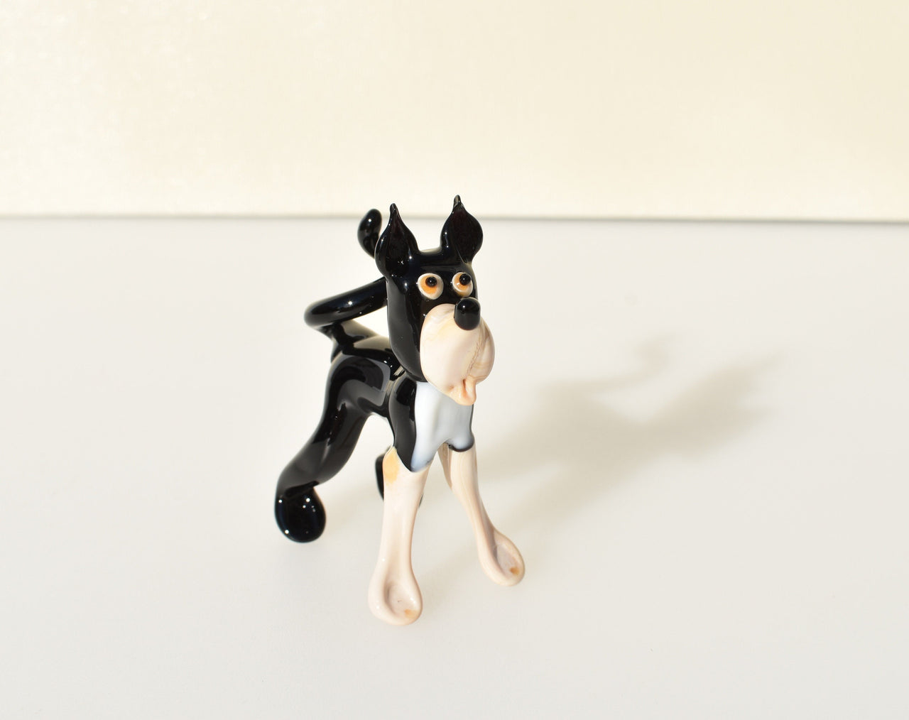 Cute Glass  Husky-like black and white-cream dog , Collectible decorative figurine. Animated glass dog.