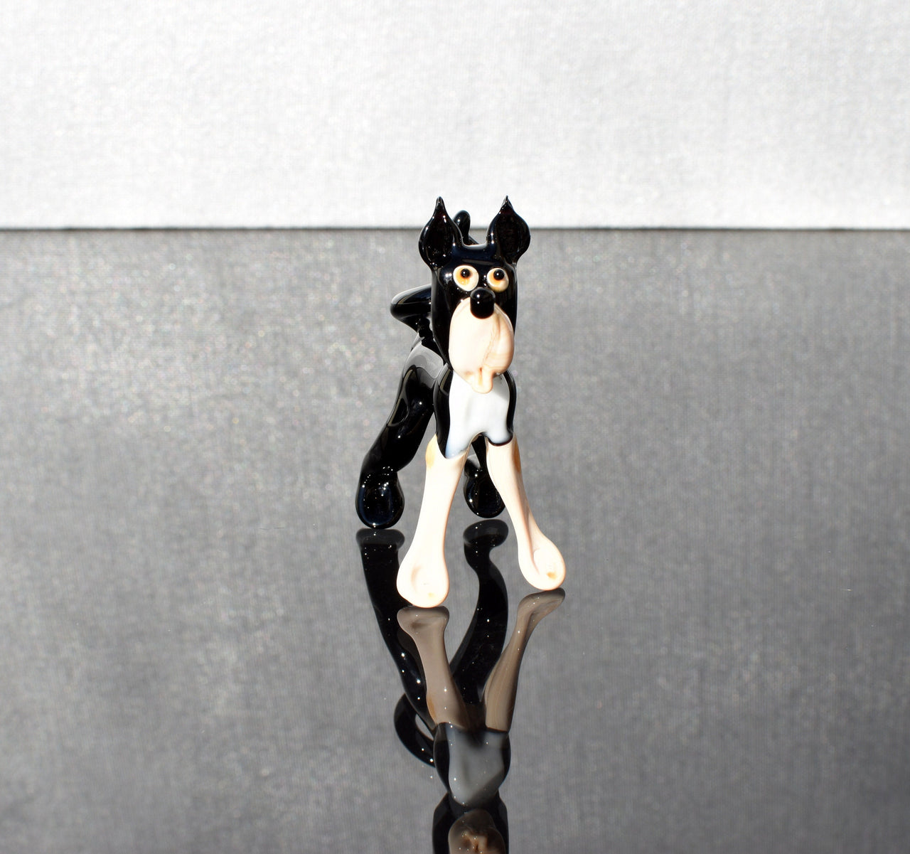 Cute Glass  Husky-like black and white-cream dog , Collectible decorative figurine. Animated glass dog.
