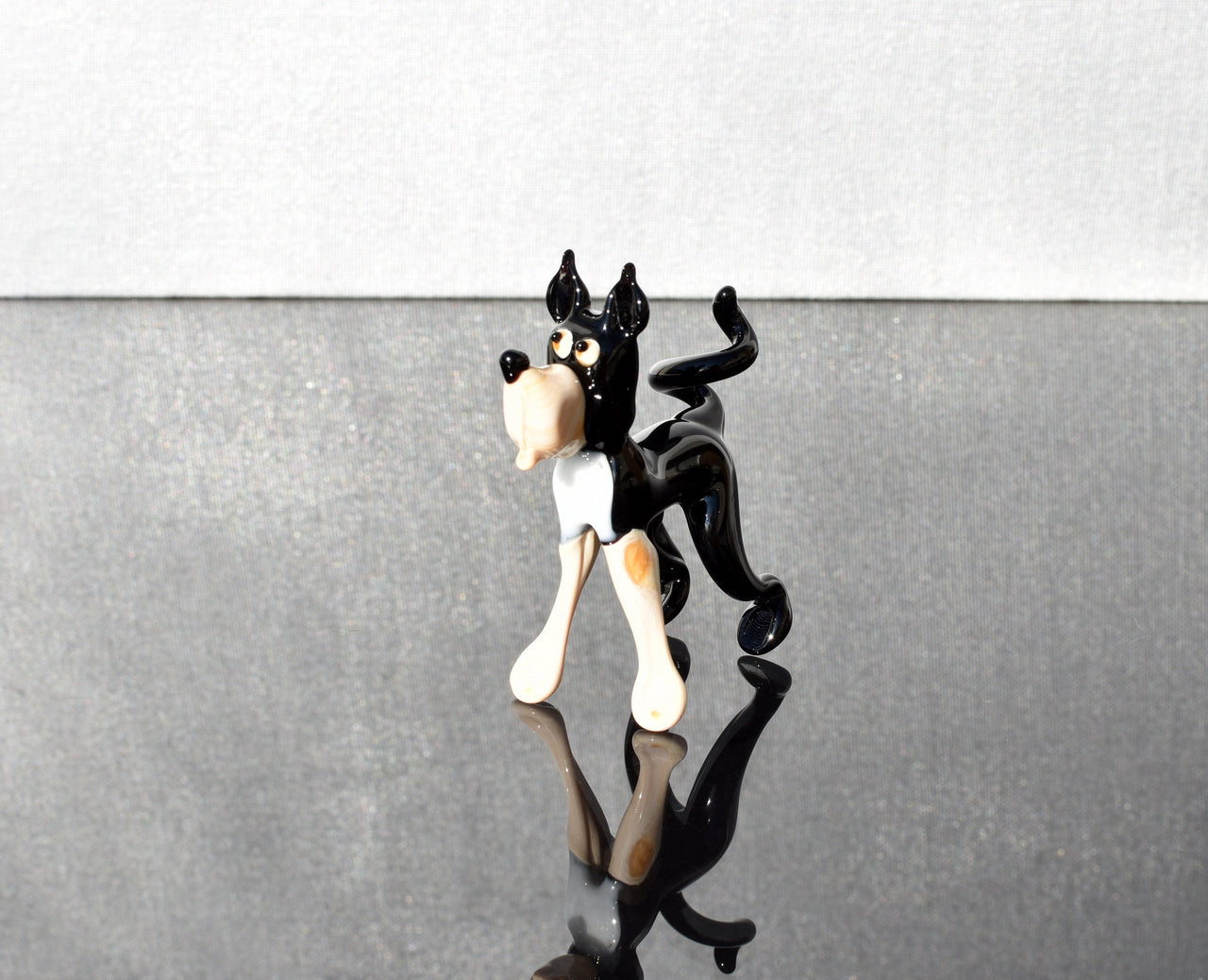 Cute Glass  Husky-like black and white-cream dog , Collectible decorative figurine. Animated glass dog.