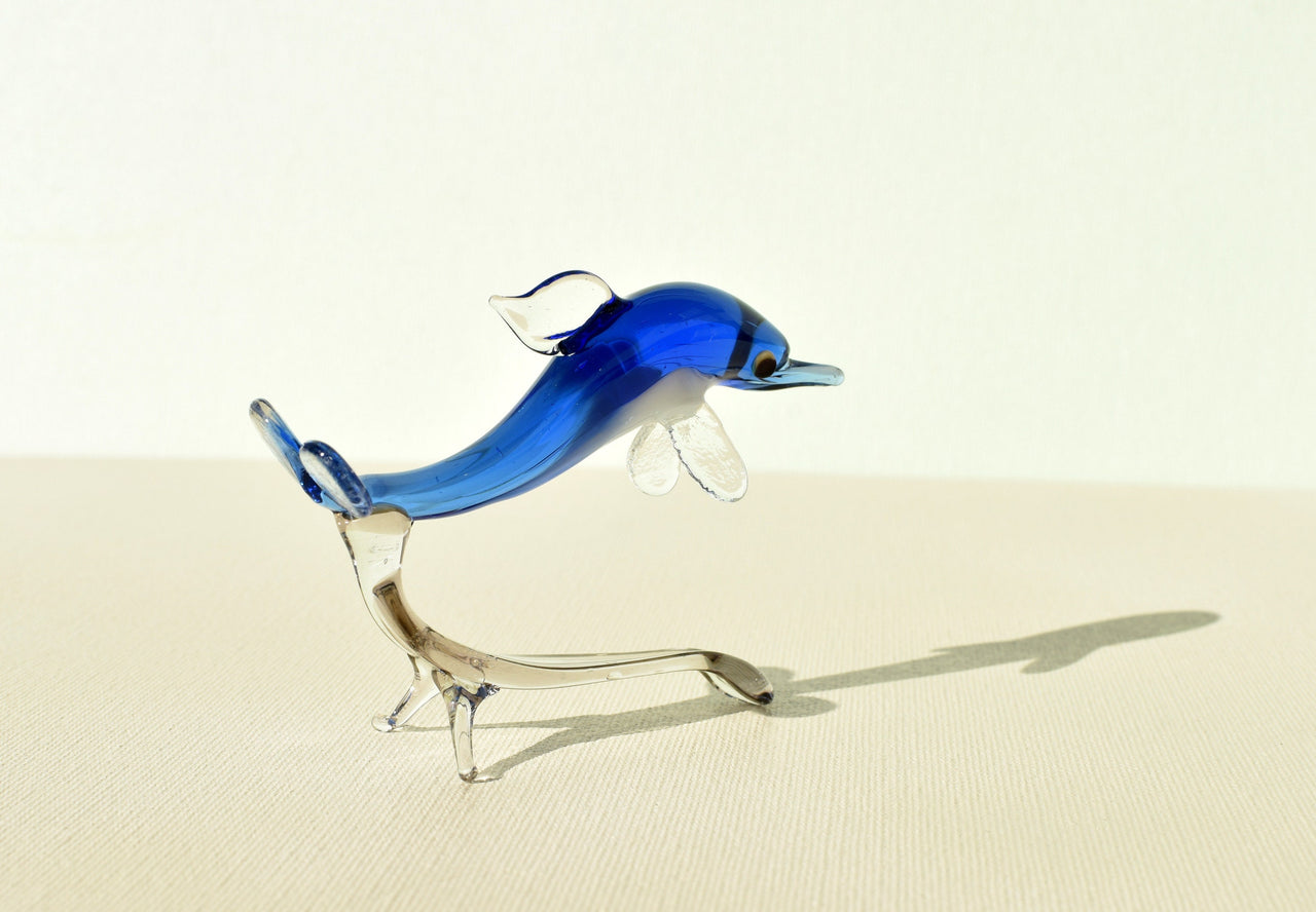 Blue Glass Dolphin Figurine: Hand-Blown Whimsical Sculpture