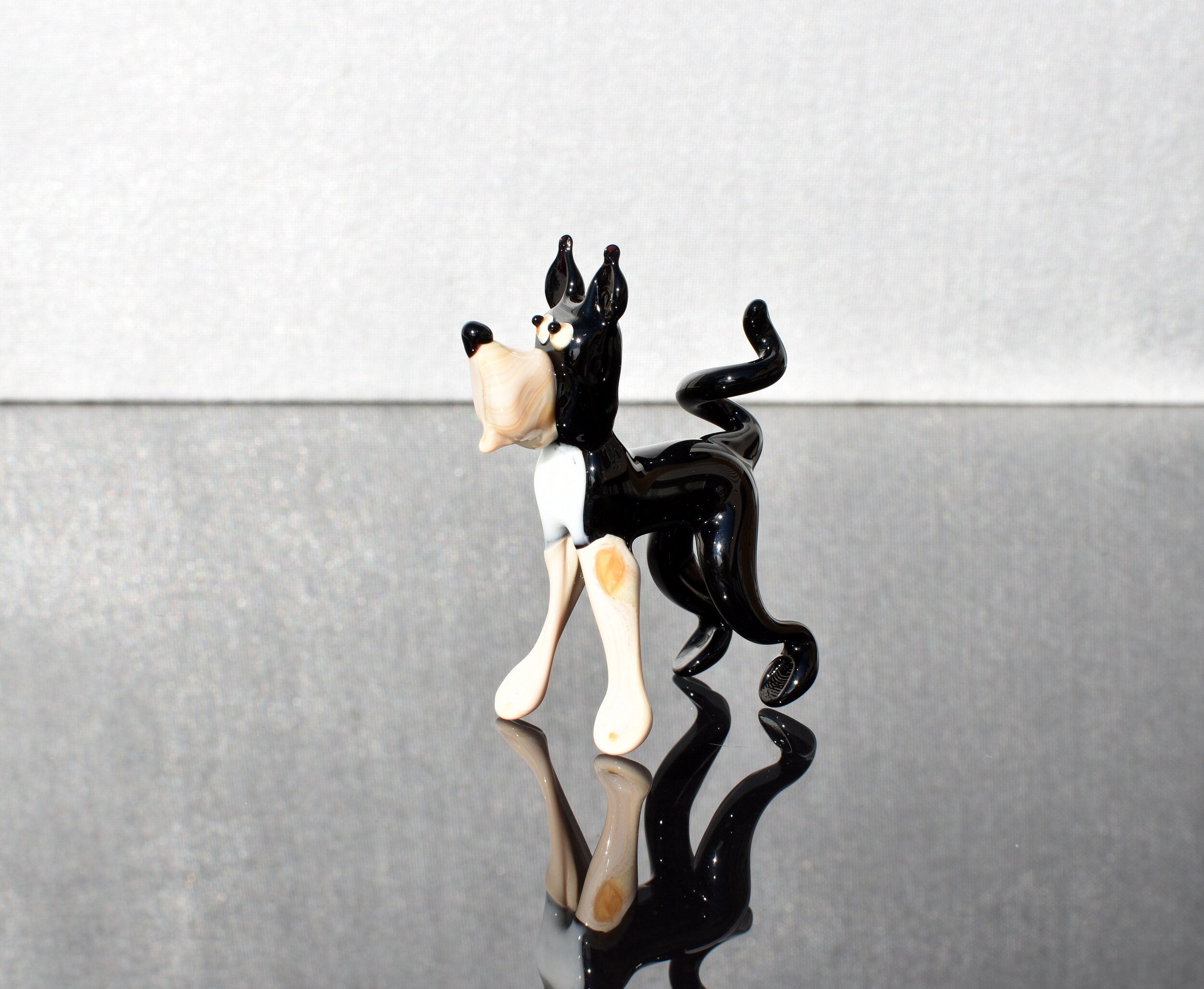 Cute Glass  Husky-like black and white-cream dog , Collectible decorative figurine. Animated glass dog.