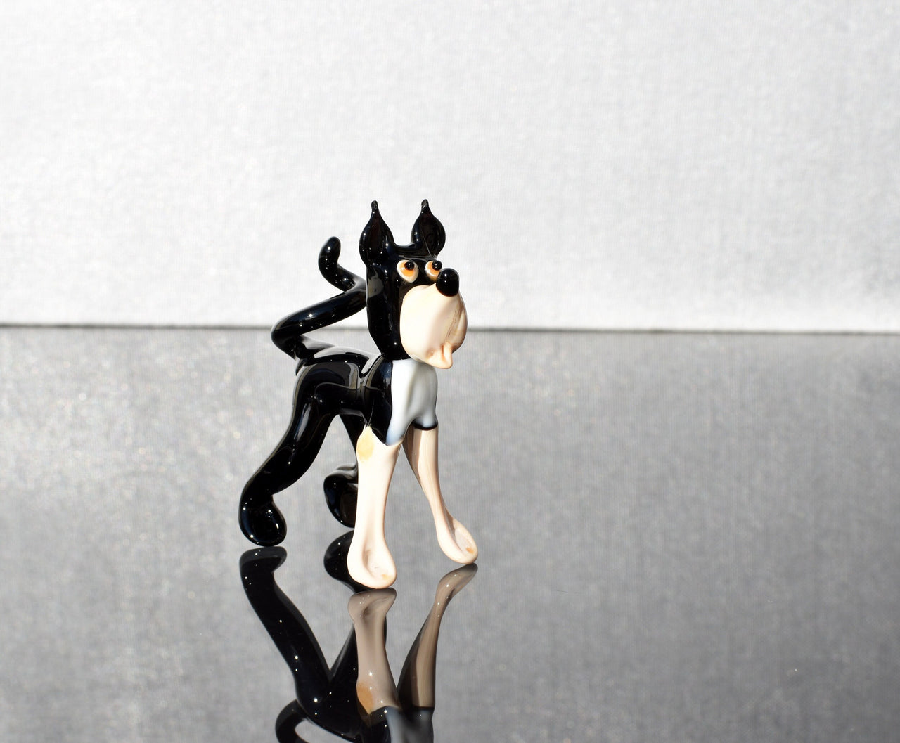 Cute Glass  Husky-like black and white-cream dog , Collectible decorative figurine. Animated glass dog.