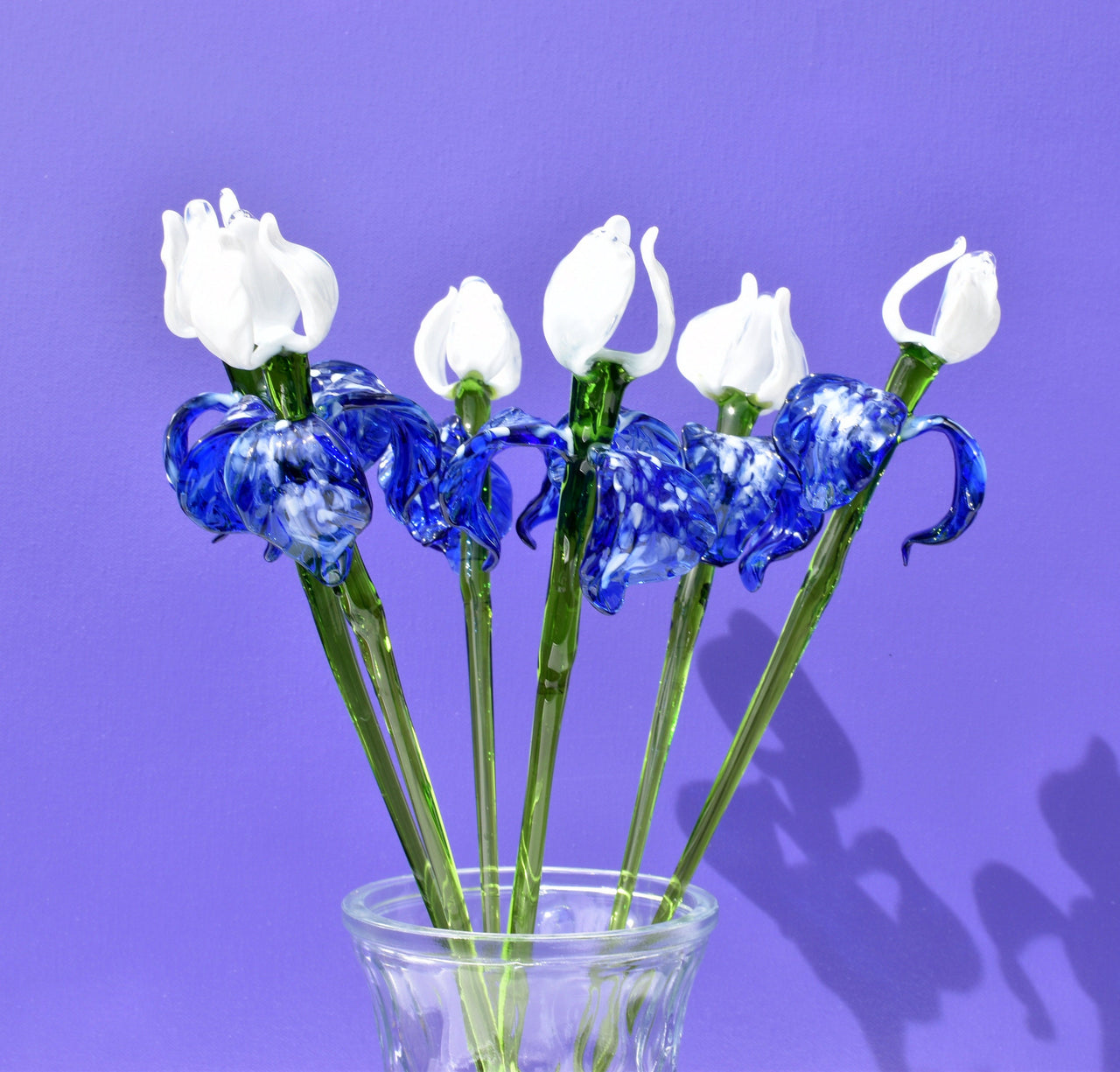 Handblown Blue & White Glass Iris Flower: Realistic Floral Sculpture
