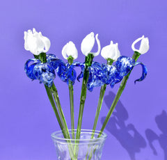 Handblown Blue & White Glass Iris Flower: Realistic Floral Sculpture