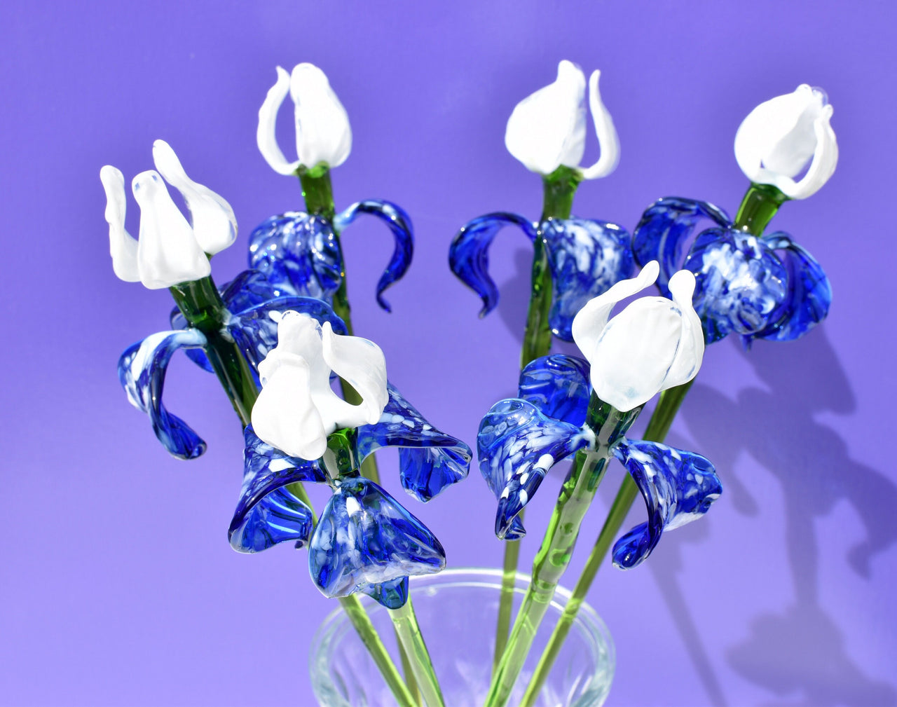 Handblown Blue & White Glass Iris Flower: Realistic Floral Sculpture