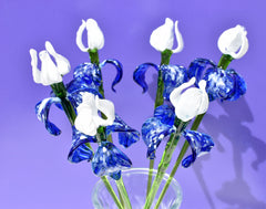 Handblown Blue & White Glass Iris Flower: Realistic Floral Sculpture