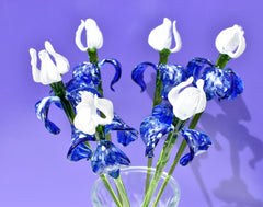 Handblown Glass Iris Flower Bouquet, Blue and White Murano Style Glass Flowers, Birth Flower Art, Collectible Home Decor