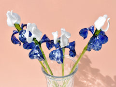 Handblown Blue & White Glass Iris Flower: Realistic Floral Sculpture
