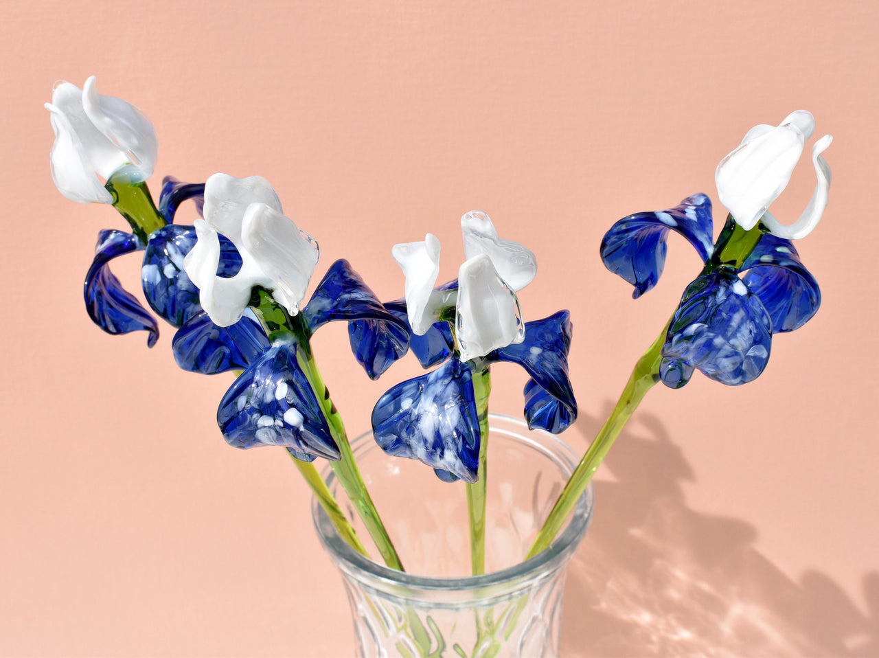 Handblown Glass Iris Flower Bouquet, Blue and White Murano Style Glass Flowers, Birth Flower Art, Collectible Home Decor