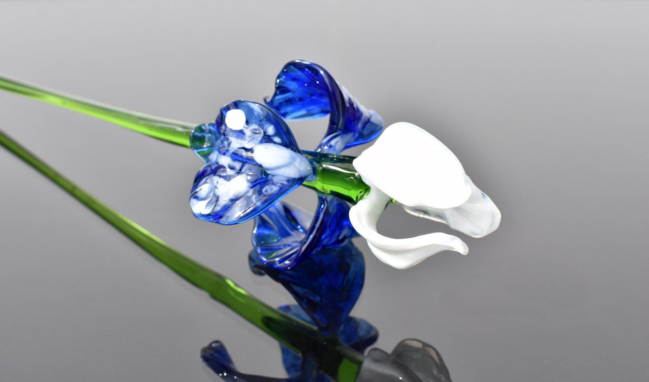 Handblown Blue & White Glass Iris Flower: Realistic Floral Sculpture