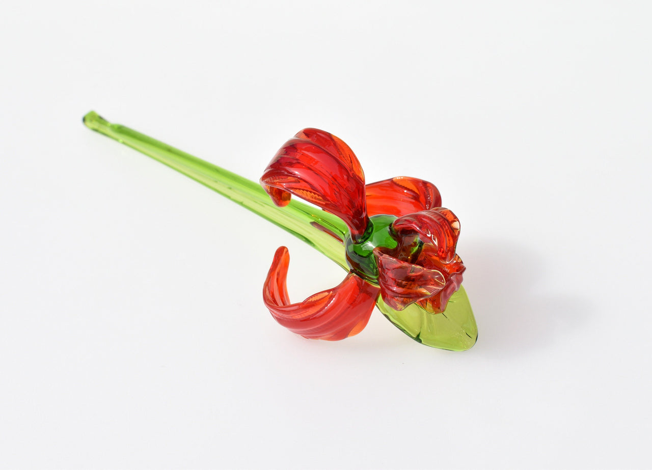 Handmade Red Glass Iris Flower: Flame Worked Sculpture