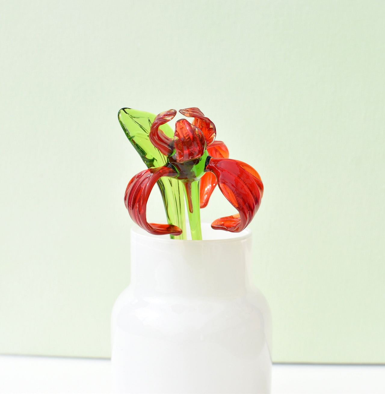 Handmade Red Glass Iris Flower: Flame Worked Sculpture