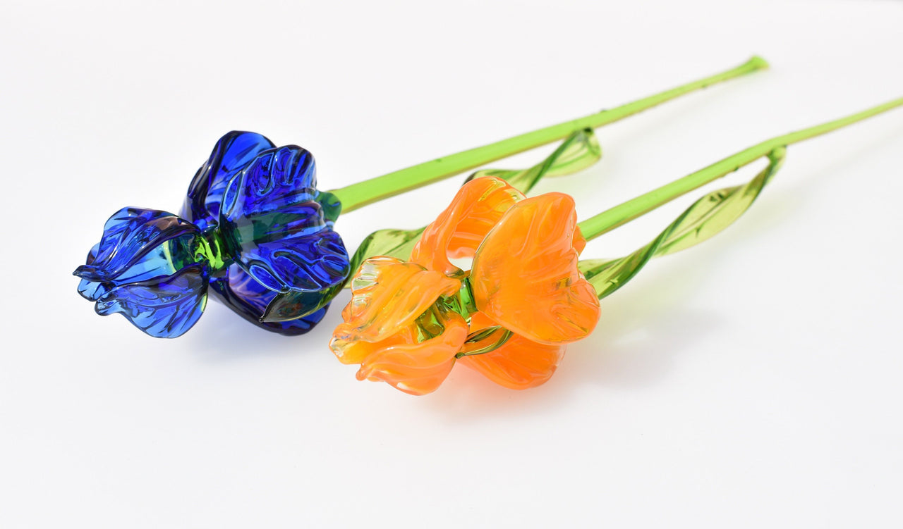 Handmade Glass Iris Bouquet: Blue & Orange Flame-Worked Flowers
