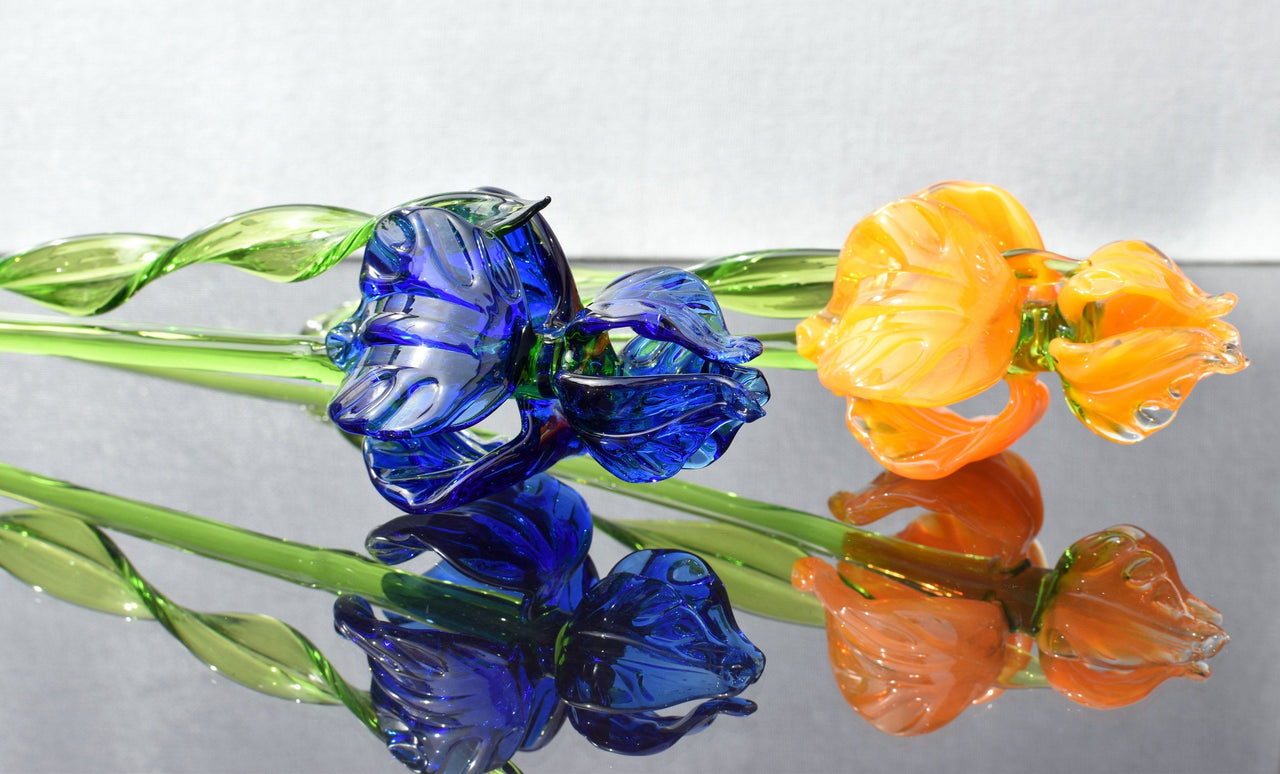 Lampwork Glass Iris Flower - Blown Glass Flowers Bouquet - Long Stem Glass Flowers - Glass Birth Month Flower - Mothers Day Gifts for Her