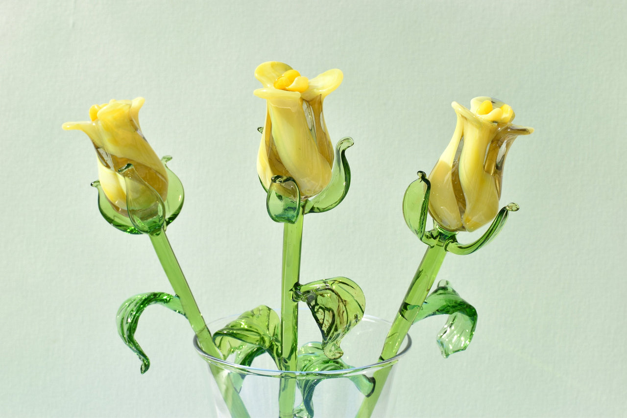 Glass Rose - Hand Blown Glass Flower - Yellow Glass Flowers - Blown Glass Rose - Glass Flower Bouquet - Glass Flower Bouquet -Christmas Gift