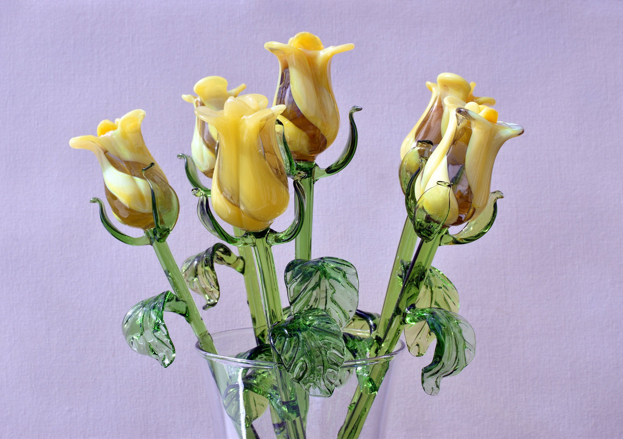 Glass Rose - Hand Blown Glass Flower - Yellow Glass Flowers - Blown Glass Rose - Glass Flower Bouquet - Glass Flower Bouquet -Christmas Gift