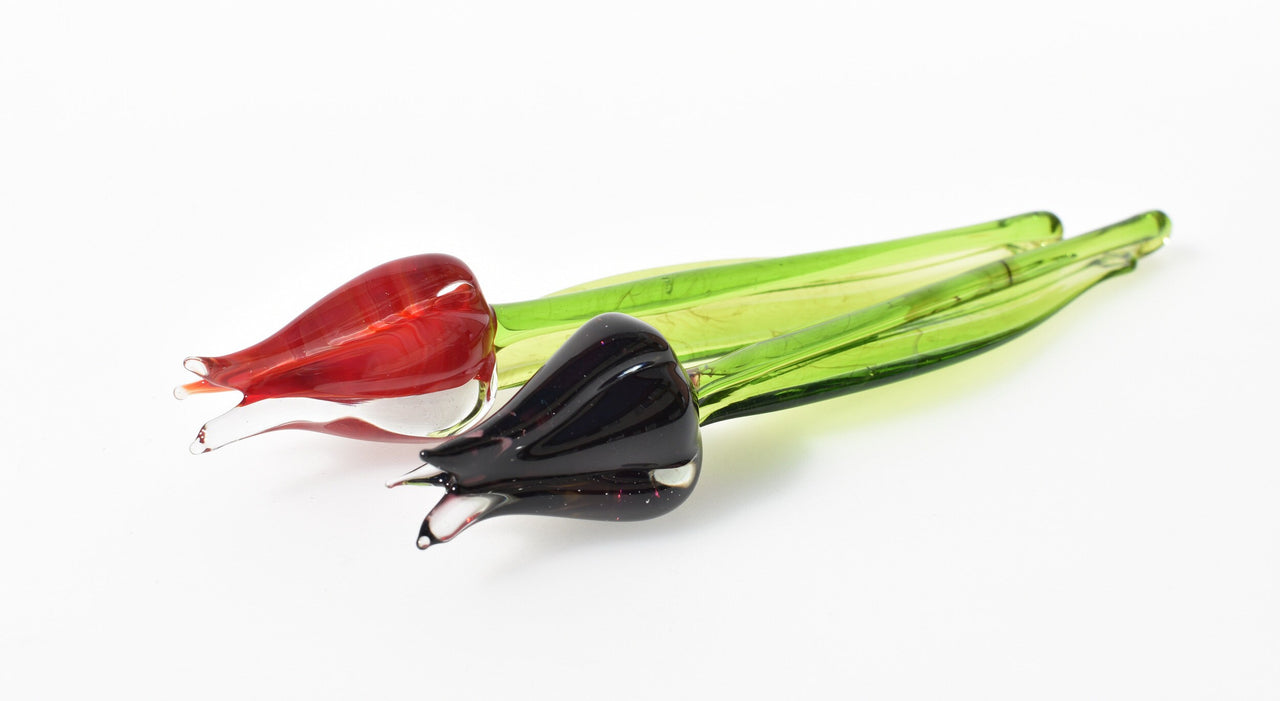 Handmade Glass Tulip Duo: Red and Purple Flame-Worked Flowers