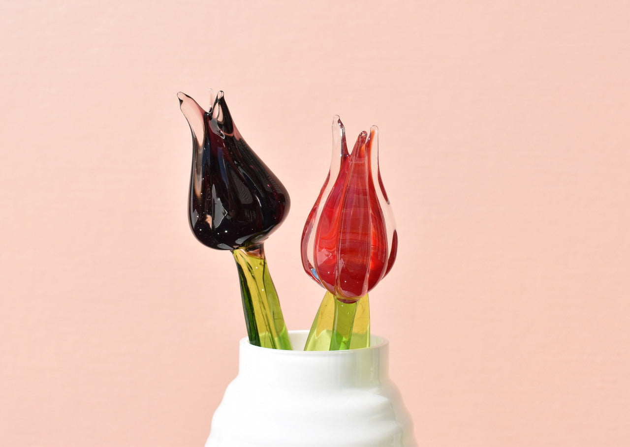 Handmade Glass Tulip Duo: Red and Purple Flame-Worked Flowers