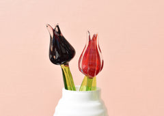 Handmade Glass Tulip Duo: Red and Purple Flame-Worked Flowers