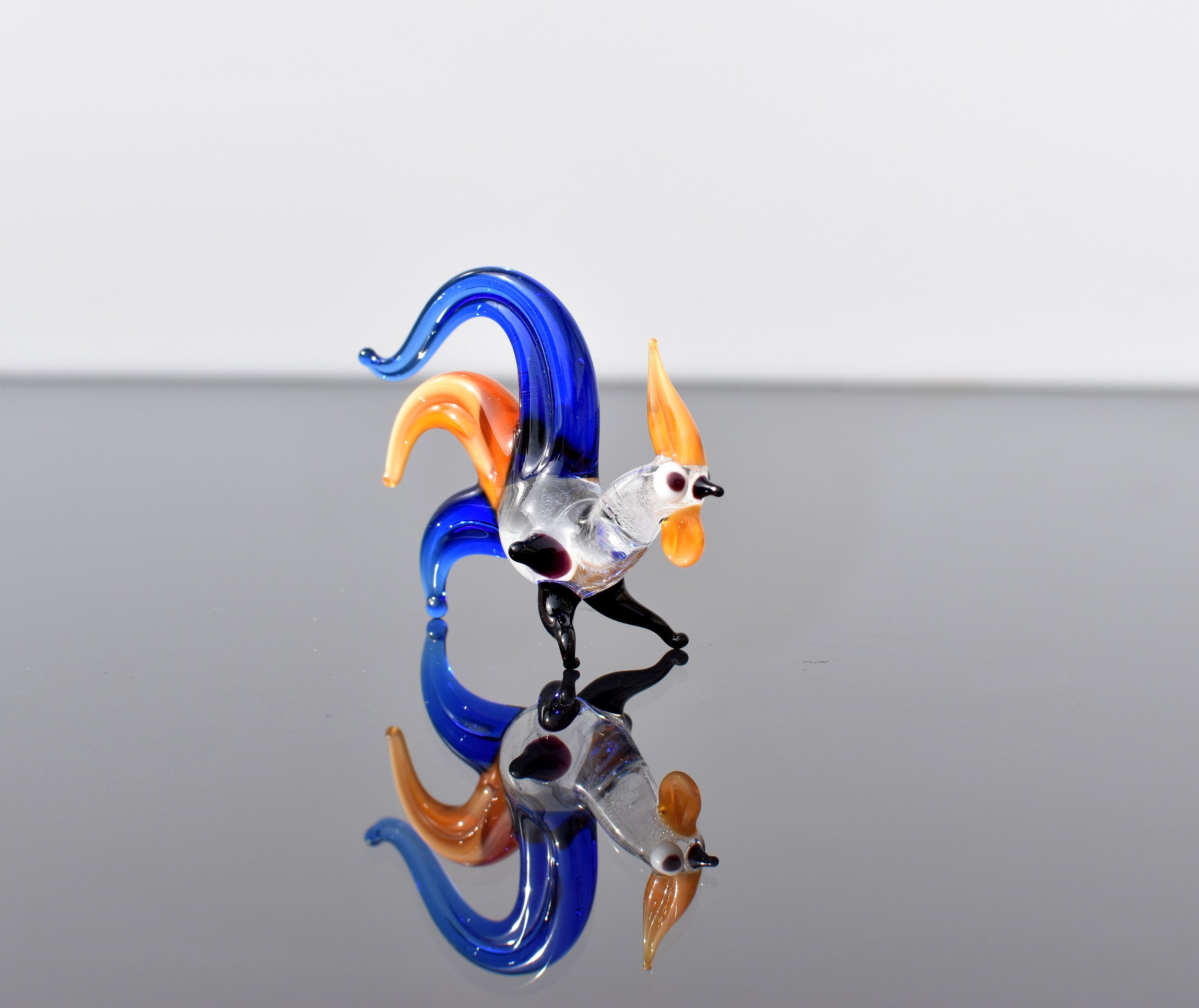 Handmade Glass Rooster Figurine: Colorful Whimsical Sculpture