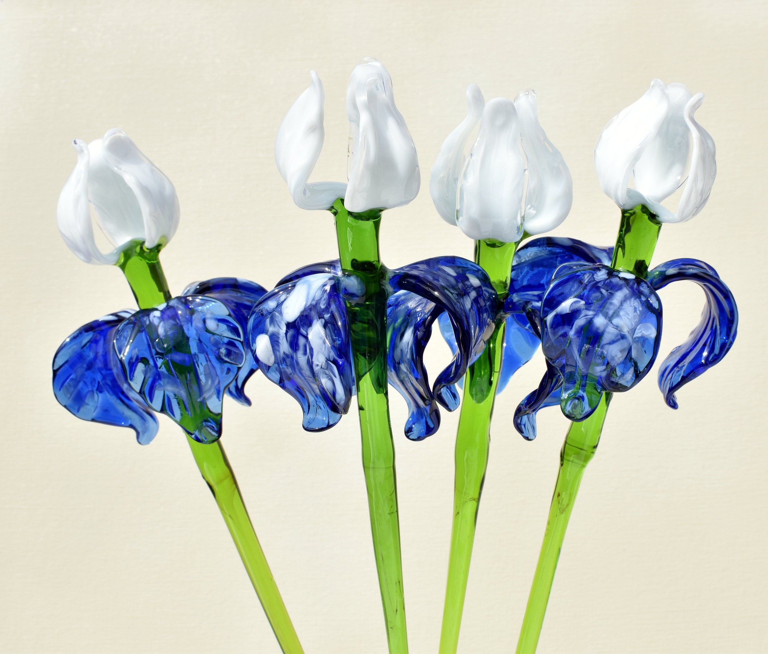 Handblown Glass Iris Flower Bouquet, Blue and White Murano Style Glass Flowers, Birth Flower Art, Collectible Home Decor