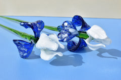 Handblown Blue & White Glass Iris Flower: Realistic Floral Sculpture