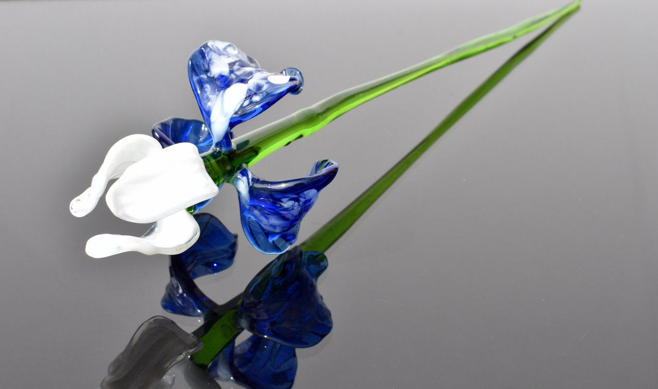 Handblown Blue & White Glass Iris Flower: Realistic Floral Sculpture