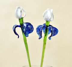 Handblown Blue & White Glass Iris Flower: Realistic Floral Sculpture