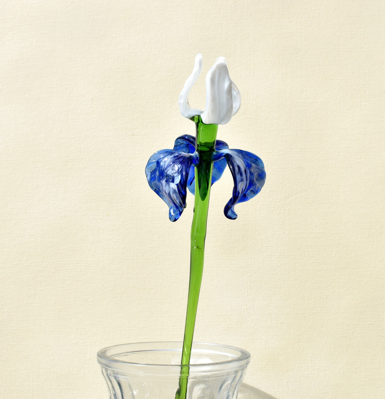 Handblown Blue & White Glass Iris Flower: Realistic Floral Sculpture