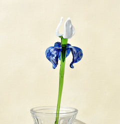 Handblown Blue & White Glass Iris Flower: Realistic Floral Sculpture