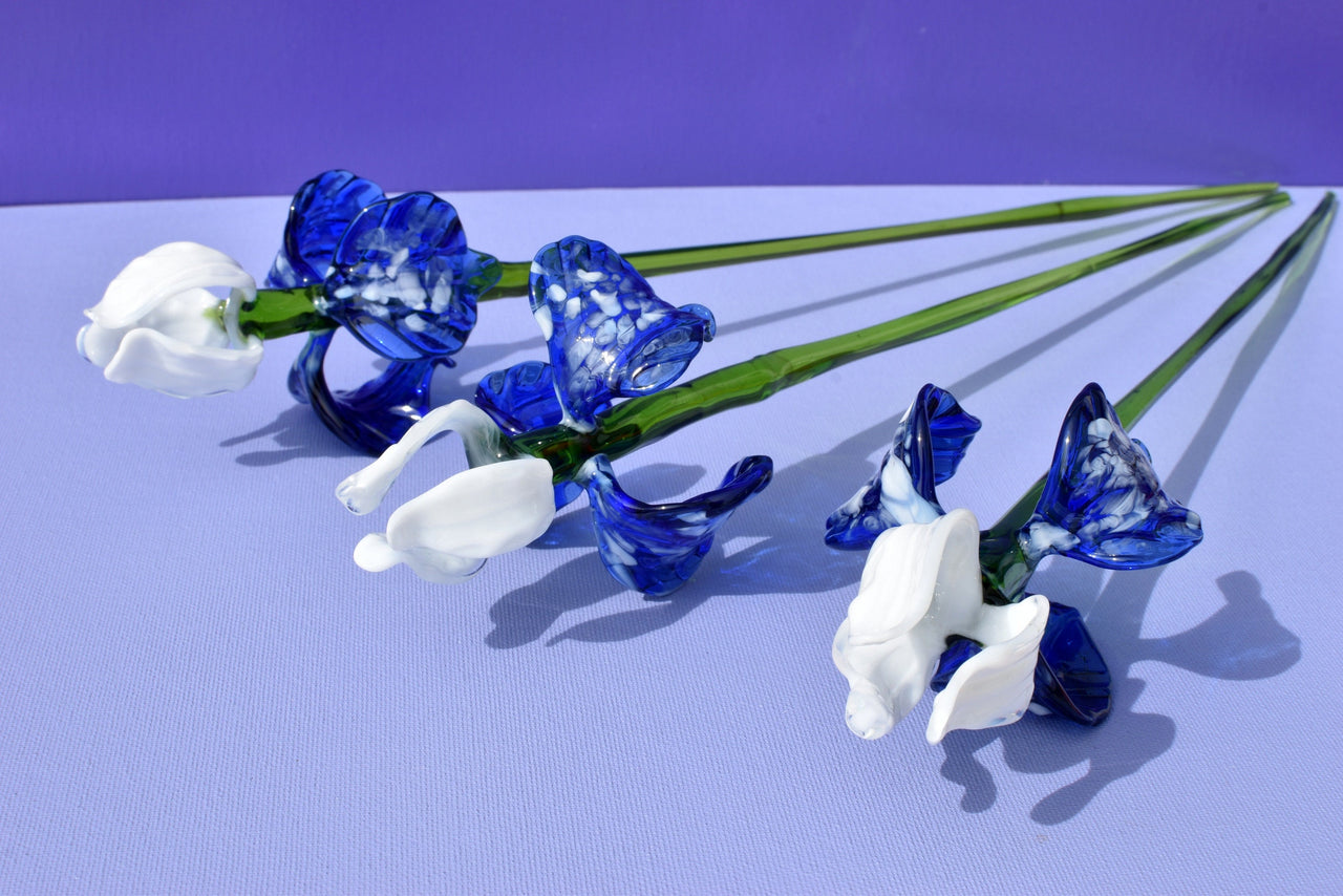 Handblown Blue & White Glass Iris Flower: Realistic Floral Sculpture