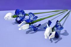 Handblown Blue & White Glass Iris Flower: Realistic Floral Sculpture