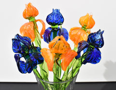 Handmade Glass Flower Bouquet of Irises: Blue & Orange Flame-Worked Flowers